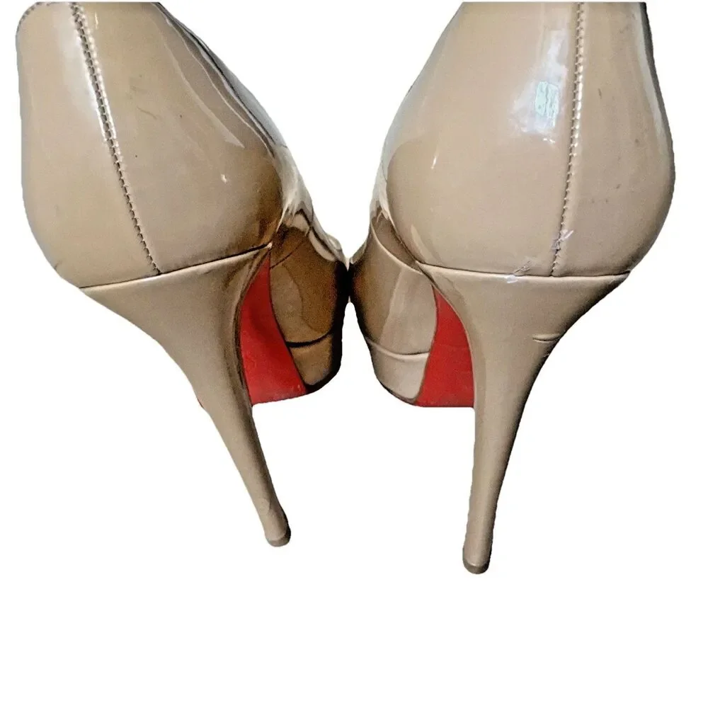 Christian Louboutin Nude Patent Platform Pumps Size 37.5 Red Sole Heels Auth